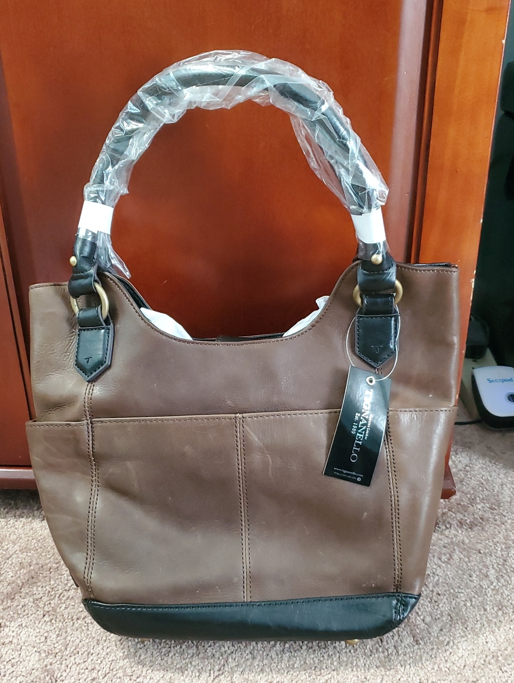 BRAND NEW!!  TIGNANELLO Brown Leather Tote Bag with Black Trim -